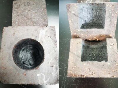 Cross-section cut after direct bonding of magnesia-chrome brick test